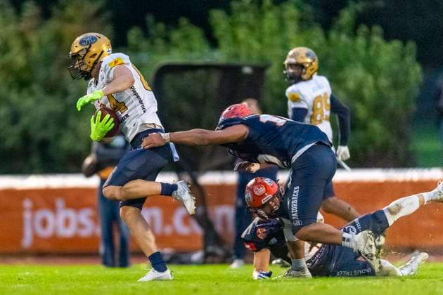 Janne Saerkelae (84, WR, Dresden Monarchs) GER, ifm Ravensburg Razorbacks vs Dresden Monarchs, American Football, GFL, Saison 2025, Playoffs, Halbfinale, 27.09.2025, GER, ifm Ravensburg Razorbacks vs Dresden Monarchs, American Football, GFL, Saison 2025, Playoffs, Halbfinale, 27.09.2025 Weingarten Copyright: xEibner-Pressefoto FlorianxWolfx EP_FWF