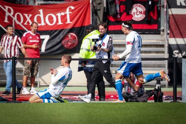 Michael Cuisance 10 (Hertha BSC Berlin) jubelt ueber sein Tor zum 0:2, mit Fabian Reese 11 (Hertha BSC Berlin), 1. FC Nuernberg vs. Hertha BSC Berlin, DFL, 2. Bundesliga, Saison 2025 2026, Max-Morlock-Stadion, Hinrunde, 7. Spieltag, 28.09.2025 DFB regulations prohibit any use of photographs as image sequences and or quasi-video Nuernberg Bayern Deutschland