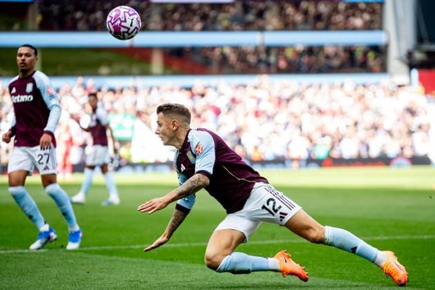 Aston Villa v Fulham Premier League 28 09 2025. Aston Villa defender Lucas Digne (12) falls after heading ball away during the Premier League match between Aston Villa and Fulham at Villa Park, Birmingham, England on 28 September 2025. Birmingham Villa Park West Midlands England Editorial use only DataCo restrictions apply See www.football-dataco.com , Copyright: xManjitxNarotrax PSI-22936-0037
