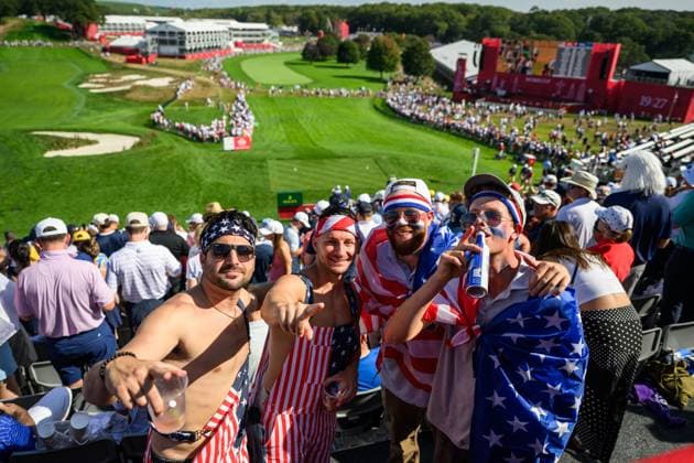 250928 Fans of Team USA on day 3 of the Ryder Cup on September 28, 2025 in New York. Photo: Jesper Zerman BILDBYRAN kod JZ JZ0619 golf ryder cup day 3 bbeng publik Copyright: JESPERxZERMAN BB250928JZ001