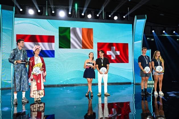 2025 World Rowing Championships, Shanghai, China 28 9 2025 Mixed Double Sculls Victory Ceremony Ireland™s Mags Cremen and Fintan McCarthy celebrate winning gold along side silver medallists Melvin Twellaar and Roos de Jong of Netherlands and bronze medallists RaphaÃ«l Ahumada and CÃ Mags Cremen and Fintan McCarthy celebrate winning gold along side silver medallists Melvin Twellaar and Roos de Jong and bronze medallists RaphaÃ«l Ahumada and CÃ lia DuprÃ 28 9 2025  Copyright: x INPHO DetlevxSeybx CSC_8247