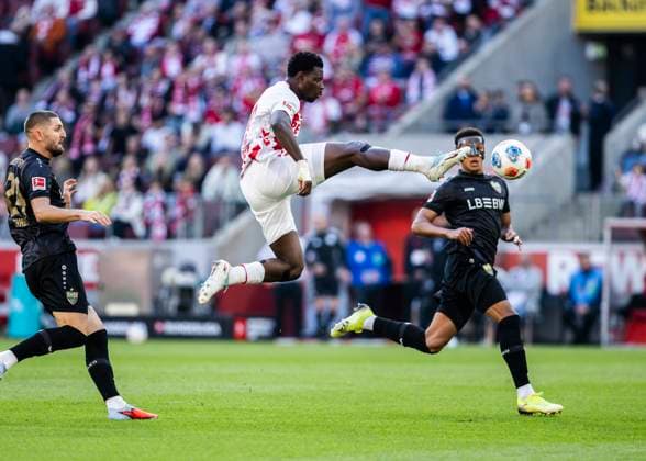 Koeln, RheinEnergieStadion, 28.09.2021: Ragnar Ache of Koeln fights for the ball during the 1.Bundesliga match 1.FC Koeln vs. VFB Stuttgart.