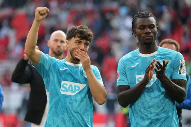 28.09.2025, xmohx, Fussball 1.Bundesliga, SC Freiburg - TSG Hoffenheim v.l. Muhammed Damar (1899 Hoffenheim) Ihlas Bebou (1899 Hoffenheim) (DFL DFB REGULATIONS PROHIBIT ANY USE OF PHOTOGRAPHS as IMAGE SEQUENCES and or QUASI-VIDEO) Freiburg