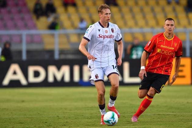 Bologna™s central defender Torbjorn Heggem (14 Bologna FC 1909) in action during the Serie A Enilive soccer matchday 5 between US Lecce and Bologna FC 1909 at the Via del Mare Stadium in Lecce, Italy, Sunday, September 28, 2025. (Credit Image: Giovanni Evangelista LaPresse)  Copyright: xGiovannixEvangelista LaPressex