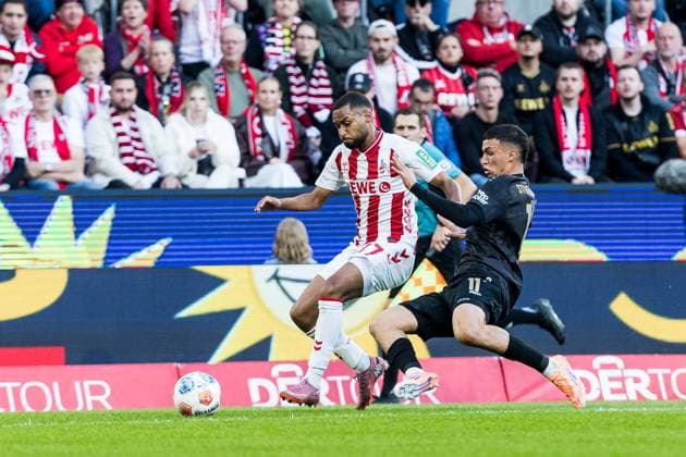 1. Fußball Bundesliga: 1. FC Köln - VfB Stuttgart; 28.09.2025 Zweikampf Linton Maina (1. FC Köln, 37), Bilal El Khannouss (VfB Stuttgart, 11) 1. Fußball Bundesliga, 1. FC Köln - VfB Stuttgart, Köln, Rheinenergiestadion am 28.09.2025 DFL REGULATIONS PROHIBIT ANY USE OF PHOTOGRAPHS AS IMAGE SEQUENCES AND OR QUASI-VIDEO. Copyright: xBEAUTIFULxSPORTS Wunderlx
