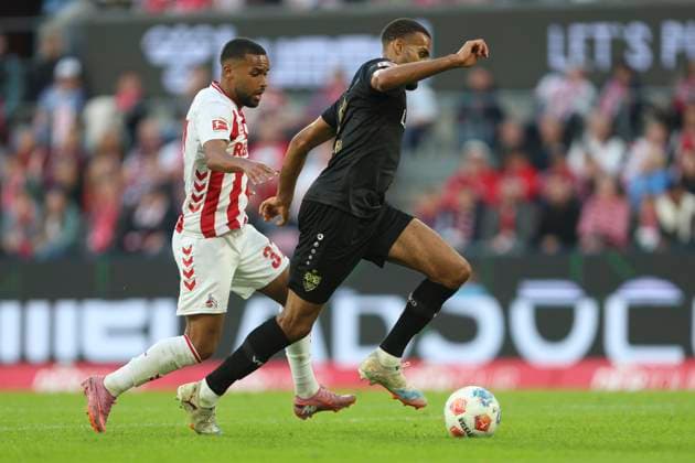 Linton Maina (1. FC Koeln) und Josha Vagnoman (VfB Stuttgart) im Zweikampf waehrend des spiels der Bundesliga zwischen 1. FC Köln und VfB Stuttgart, RheinEnergieSTADION am 28. September 2025 in Köln, Deutschland. (Foto von Oliver Kaelke DeFodi Images) +++ Linton Maina (1. FC Koeln) und Josha Vagnoman (VfB Stuttgart) battle for the ball during the Bundesliga match between 1. FC Köln and VfB Stuttgart at RheinEnergieSTADION on September 28, 2025 in Köln, Germany. (Photo by Oliver Kaelke DeFodi Images) DFL regulations prohibit any use of photographs as image sequences and or quasi-video. (Photo by Oliver Kaelke DeFodi Images) Linton Maina 1 FC Koeln and Josha Vagnoman VfB Stuttgart in a duel during the Bundesliga match between 1 FC Köln and VfB Stuttgart, RheinEnergieSTADION on September 28, 2025 in Cologne, Germany Photo by Oliver Kaelke DeFodi Images Linton Maina 1 FC Koeln and Josha Vagnoman VfB Stuttgart battle for the ball during the Bundesliga match between 1 FC Köln and VfB Stuttgart at RheinEnergieSTADION on September 28, 2025 in Köln, Germany Photo by Oliver Kaelke DeFodi Images DFL regulations prohibit any use of photographs as image sequences and or quasi video Photo by Oliver Kaelke DeFodi Images