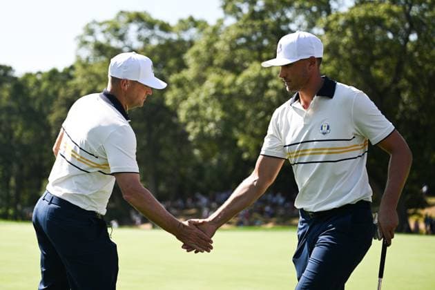 250928 Alex NorÃ n and Ludvig Aberg of Team Europe celebrate during a singles match on day 3 of the Ryder Cup on September 28, 2025 in New York. Photo: Jesper Zerman BILDBYRAN kod JZ JZ0619 golf ryder cup day 3 bbeng jubel Copyright: JESPERxZERMAN BB250928JZ008