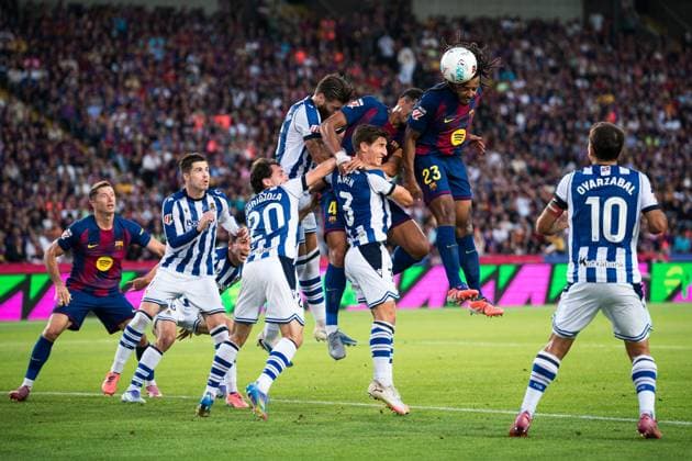 Spanish LaLiga EA Sports FC Barcelona, Barca v Real Sociedad in Barcelona, Spain. FC Barcelona player (23) Jules Kounde scores a goal during LaLiga EA Sports match between FC Barcelona and Real Sociedad in Estadi Olimpic Lluis Companys, Barcelona, Spain, on September 28, 2025. Barcelona Estadi Olimpic Lluis Companys Barcelona Spain