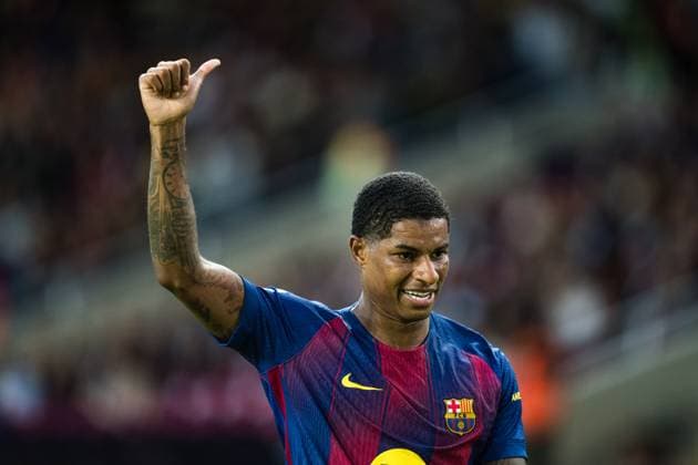 Spanish LaLiga EA Sports FC Barcelona, Barca v Real Sociedad in Barcelona, Spain. FC Barcelona player (14) Marcus Rashford reacts during LaLiga EA Sports match between FC Barcelona and Real Sociedad in Estadi Olimpic Lluis Companys, Barcelona, Spain, on September 28, 2025. Barcelona Estadi Olimpic Lluis Companys Barcelona Spain