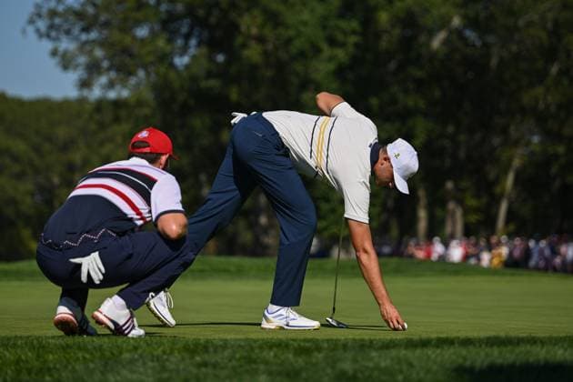 250928 Ludvig Aberg of Team Europe during a singles match on day 3 of the Ryder Cup on September 28, 2025 in New York. Photo: Jesper Zerman BILDBYRAN kod JZ JZ0619 golf ryder cup day 3 bbeng Copyright: JESPERxZERMAN BB250928JZ014
