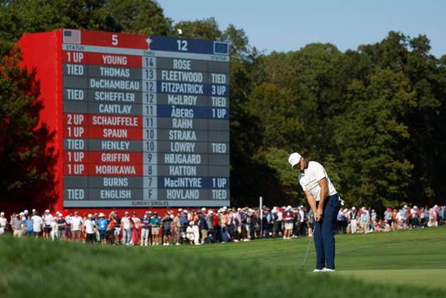 Ludvig Aberg of Team Europe putts on the twelfth green during a singles match against Patrick Cantlay of Team United States on the final day of the 45th Ryder Cup at the Bethpage Black Course in Farmingdale, New York on Sunday, September 28, 2025. Europe has a 12 to 5 lead over the United States going into the final day.  RYD20250928926 JOHNxANGELILLO