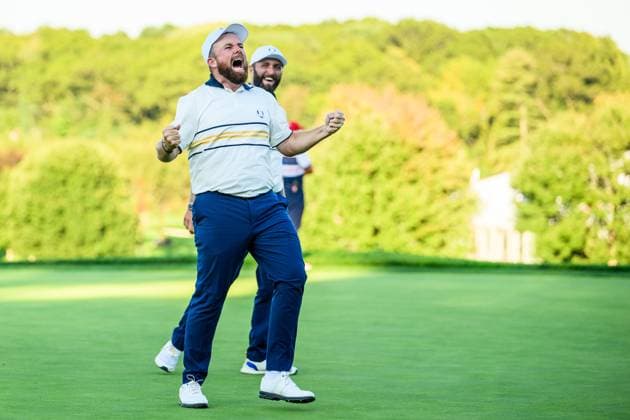 250928 Shane Lowry of Team Europe celebrates as he secures the win for Team Europe during a singles match on day 3 of the Ryder Cup on September 28, 2025 in New York. Photo: Jesper Zerman BILDBYRAN kod JZ JZ0619 golf ryder cup day 3 bbeng jubel Copyright: JESPERxZERMAN BB250928JZ040