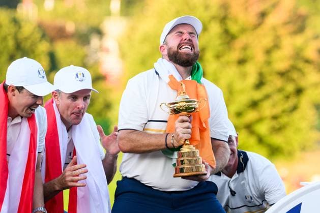 250928 Shane Lowry of Team Europe celebrates after winning the Ryder Cup on day 3 of the Ryder Cup on September 28, 2025 in New York. Photo: Jesper Zerman BILDBYRAN kod JZ JZ0619 golf ryder cup day 3 bbeng jubel Copyright: JESPERxZERMAN BB250928JZ060