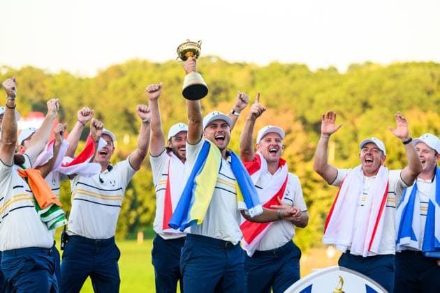 250928 Ludvig Aberg of Team Europe celebrates after winning the Ryder Cup on day 3 of the Ryder Cup on September 28, 2025 in New York. Photo: Jesper Zerman BILDBYRAN kod JZ JZ0619 golf ryder cup day 3 bbeng jubel Copyright: JESPERxZERMAN BB250928JZ064