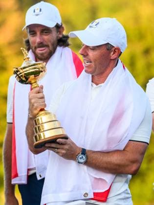 250928 Rory McIlroy of Team Europe celebrates after winning the Ryder Cup on day 3 of the Ryder Cup on September 28, 2025 in New York. Photo: Jesper Zerman BILDBYRAN kod JZ JZ0619 golf ryder cup day 3 bbeng jubel Copyright: JESPERxZERMAN BB250928JZ076