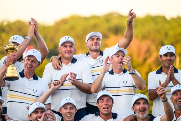 250928 Sepp Straka, Ludvig Aberg and Rory McIlroy of Team Europe celebrate after winning the Ryder Cup on day 3 of the Ryder Cup on September 28, 2025 in New York. Photo: Jesper Zerman BILDBYRAN kod JZ JZ0619 golf ryder cup day 3 bbeng jubel Copyright: JESPERxZERMAN BB250928JZ086