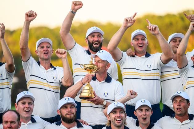 250928 Team Captain Luke Donald of Team Europe celebrates after winning the Ryder Cup on day 3 of the Ryder Cup on September 28, 2025 in New York. Photo: Jesper Zerman BILDBYRAN kod JZ JZ0619 golf ryder cup day 3 bbeng jubel Copyright: JESPERxZERMAN BB250928JZ088