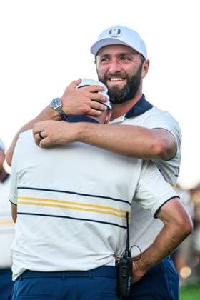 250928 Vice Captain JosÃ MariaOlazabal and Jon Rahm of Team Europe celebrate during a singles match on day 3 of the Ryder Cup on September 28, 2025 in New York. Photo: Jesper Zerman BILDBYRAN kod JZ JZ0619 golf ryder cup day 3 bbeng jubel Copyright: JESPERxZERMAN BB250928JZ102