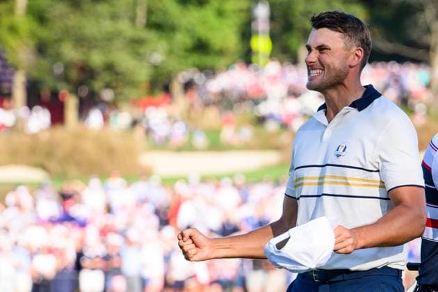 250928 Ludvig Aberg of Team Europe celebrates during a singles match on day 3 of the Ryder Cup on September 28, 2025 in New York. Photo: Jesper Zerman BILDBYRAN kod JZ JZ0619 golf ryder cup day 3 bbeng jubel Copyright: JESPERxZERMAN BB250928JZ105