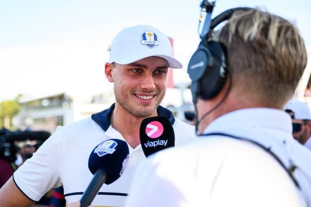 250928 Ludvig Aberg of Team Europe speaks to media after a singles match on day 3 of the Ryder Cup on September 28, 2025 in New York. Photo: Jesper Zerman BILDBYRAN kod JZ JZ0619 golf ryder cup day 3 bbeng Copyright: JESPERxZERMAN BB250928JZ108