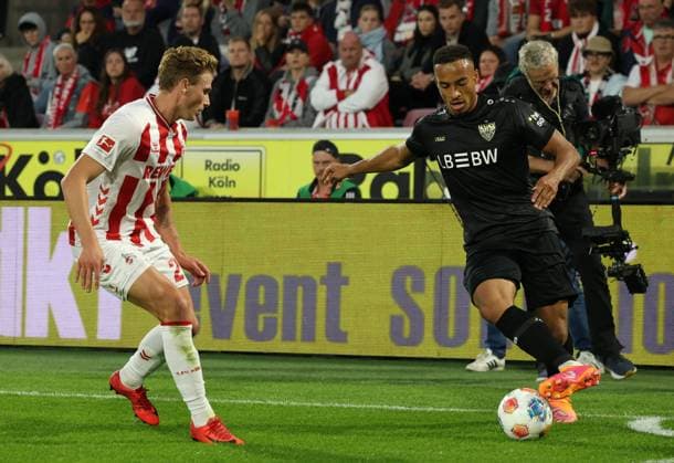 v.l. Sebestian Sebulonsen (1.FC Koeln 28), Jamie Leweling (VfB Stuttgart 18) GER, 1. FC Koeln vs. VfB Stuttgart, Fussball, Bundesliga, 5. Spieltag, Spielzeit 2025 2026, 28.09.2025. (DFL DFB REGULATIONS PROHIBIT ANY USE OF PHOTOGRAPHS as IMAGE SEQUENCES and or QUASI-VIDEO). GER, 1. FC Koeln vs. VfB Stuttgart, Fussball, Bundesliga, 5. Spieltag, Spielzeit 2025 2026, 28.09.2025. Koeln Copyright: xEibner-Pressefotox xThomasxStoeckerx EP_TSR