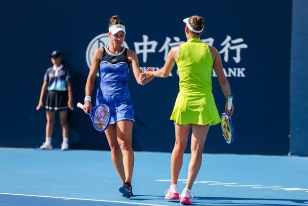 BEIJING, CHINA - SEPTEMBER 29: Miyu Kato of Japan and Fanny Stollar of Hungary react in the Women s Doubles Round of 16 match against Veronika Kudermetova and Elise Mertens of Belgium on day 8 of the 2025 China Open at National Tennis Center on September 29, 2025 in Beijing, China.  Copyright: xVCGx 111593946075