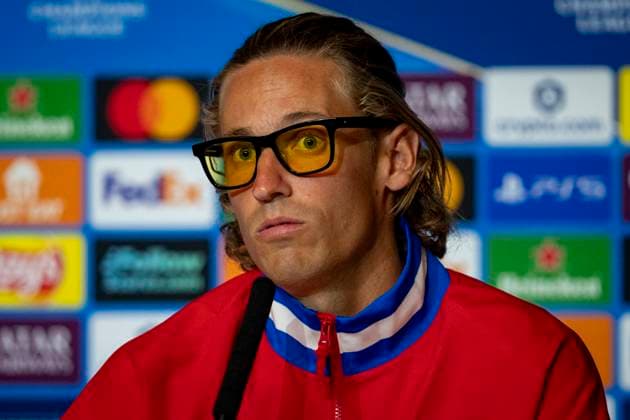 Atletico de Madrid Training Session And press conference, PK, Pressekonferenz - UEFA Champions League 2025 26 League Phase MD2 Marcos Llorente of Atletico de Madrid speaks during the Training Session and Press Conference ahead of the UEFA Champions League 2024 25 match against Eintracht Frankfurt at Estadio Riyadh Air Metropolitano on September 29, 2025 in Madrid, Spain. Madrid Estadio Riyadh Air Metropolitano Madrid Spain Copyright: xAlbertoxGardinx AGardin_20250929_Foot_Cha_AtlMad_Tra_Pre_0190