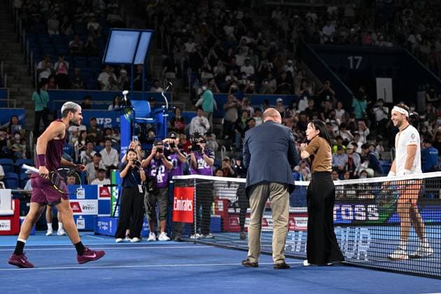 (L-R) Carlos ALCARAZ (ESP), Kasumi Ishikawa, Casper RUUD (NOR), SEPTEMBER 29, 2025 - Tennis : Kinoshita Group Japan Open Tennis Championships 2025 Men s Singles Semi-final at Ariake Coliseum, Tokyo, Japan. Noxthirdxpartyxsales  aflo_305231912
