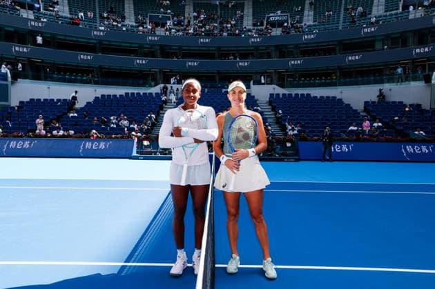 BEIJING, CHINA - SEPTEMBER 30: Coco Gauff (L) of the United States and Belinda Bencic of Switzerland pose for a photo prior to the Women s Singles Round of 16 match on day 9 of the 2025 China Open at the National Tennis Center on September 30, 2025 in Beijing, China.  Copyright: xVCGx 111594159408
