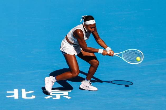BEIJING, CHINA - SEPTEMBER 30: Coco Gauff of the United States returns a shot in the Women s Singles Round of 16 match against Belinda Bencic of Switzerland on day 9 of the 2025 China Open at the National Tennis Center on September 30, 2025 in Beijing, China.  Copyright: xVCGx 111594162566