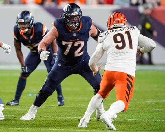 September 29, 2025: Denver Broncos offensive tackle Garett Bolles (72) gets set to block Cincinnati Bengals defensive end Trey Hendrickson (91) in the first half of the football game between the Denver Broncos and Cincinnati Bengals. CSM. - ZUMAc04_ 20250929_zma_c04_066 Copyright: xDerekxRegensburgerx