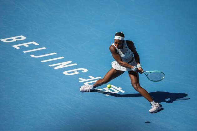 BEIJING, CHINA - SEPTEMBER 30: Coco Gauff of the United States returns a shot in the Women s Singles Round of 16 match against Belinda Bencic of Switzerland on day 9 of the 2025 China Open at the National Tennis Center on September 30, 2025 in Beijing, China.  Copyright: xVCGx 111594169693