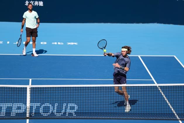 BEIJING, CHINA - SEPTEMBER 30: Karen Khachanov and Andrey Rublev compete in the Men s Doubles Semifinal match against Benjamin Bonzi of France and Tallon Griekspoor of Netherlands on day 9 of the 2025 China Open at the National Tennis Center on September 30, 2025 in Beijing, China.  Copyright: xVCGx 111594178855