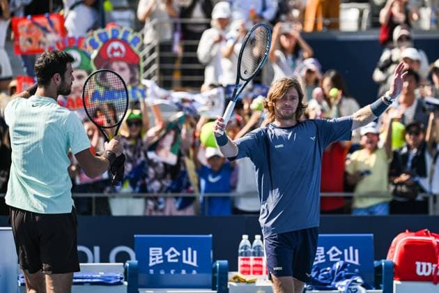 BEIJING, CHINA - SEPTEMBER 30: Karen Khachanov and Andrey Rublev compete in the Men s Doubles Semifinal match against Benjamin Bonzi of France and Tallon Griekspoor of Netherlands on day 9 of the 2025 China Open at the National Tennis Center on September 30, 2025 in Beijing, China.  Copyright: xVCGx 111594176763