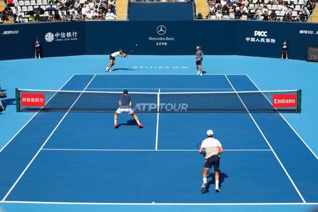 BEIJING, CHINA - SEPTEMBER 30: Karen Khachanov and Andrey Rublev compete in the Men s Doubles Semifinal match against Benjamin Bonzi of France and Tallon Griekspoor of Netherlands on day 9 of the 2025 China Open at the National Tennis Center on September 30, 2025 in Beijing, China.  Copyright: xVCGx 111594178801
