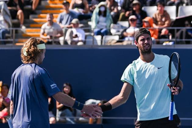 BEIJING, CHINA - SEPTEMBER 30: Karen Khachanov and Andrey Rublev compete in the Men s Doubles Semifinal match against Benjamin Bonzi of France and Tallon Griekspoor of Netherlands on day 9 of the 2025 China Open at the National Tennis Center on September 30, 2025 in Beijing, China.  Copyright: xVCGx 111594176645