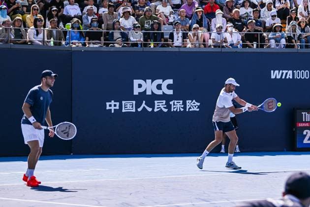 BEIJING, CHINA - SEPTEMBER 30: Benjamin Bonzi of France and Tallon Griekspoor of Netherlands compete in the Men s Doubles Semifinal match against Karen Khachanov and Andrey Rublev on day 9 of the 2025 China Open at the National Tennis Center on September 30, 2025 in Beijing, China.  Copyright: xVCGx 111594176665