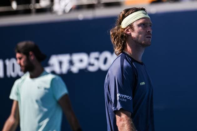 BEIJING, CHINA - SEPTEMBER 30: Karen Khachanov and Andrey Rublev compete in the Men s Doubles Semifinal match against Benjamin Bonzi of France and Tallon Griekspoor of Netherlands on day 9 of the 2025 China Open at the National Tennis Center on September 30, 2025 in Beijing, China.  Copyright: xVCGx 111594176728