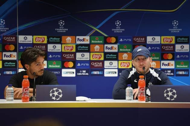 Union s Kevin Mac Allister and Union s head coach Sebastien Pocognoli pictured during a press conference, PK, Pressekonferenz of Belgian soccer team Royale Union Saint-Gilloise in Brussels, on Tuesday 30 September 2025. The team prepares for tomorrow s match against English team Newcastle United FC, on the second day of the League phase of the UEFA Champions League tournament. VIRGINIExLEFOUR  x135711317x