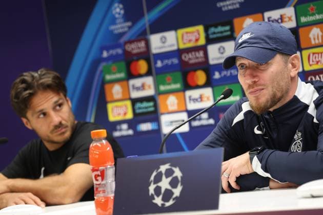 Union s Kevin Mac Allister and Union s head coach Sebastien Pocognoli pictured during a press conference, PK, Pressekonferenz of Belgian soccer team Royale Union Saint-Gilloise in Brussels, on Tuesday 30 September 2025. The team prepares for tomorrow s match against English team Newcastle United FC, on the second day of the League phase of the UEFA Champions League tournament. VIRGINIExLEFOUR  x135711333x