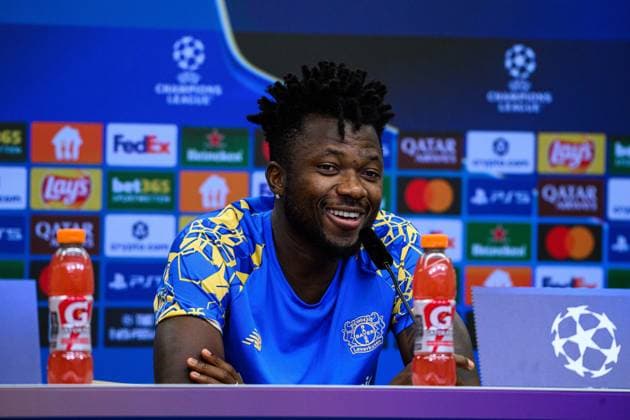 LEVERKUSEN, GERMANY - 30 SEPTEMBER, 2025: Edmond Tapsoba - UEFA Champions League, MD-1, press conference, PK, Pressekonferenz at BayArena.  Copyright: xx