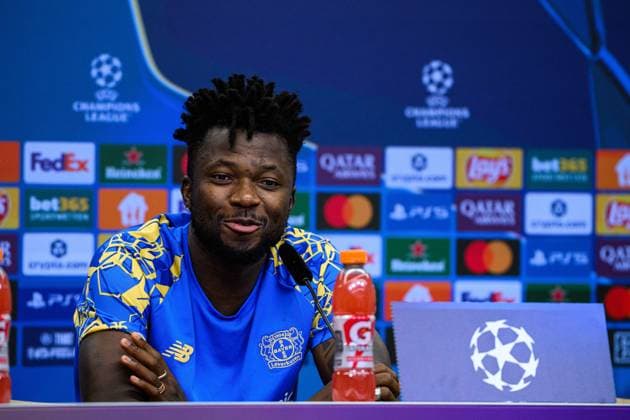 LEVERKUSEN, GERMANY - 30 SEPTEMBER, 2025: Edmond Tapsoba - UEFA Champions League, MD-1, press conference, PK, Pressekonferenz at BayArena.  Copyright: xx