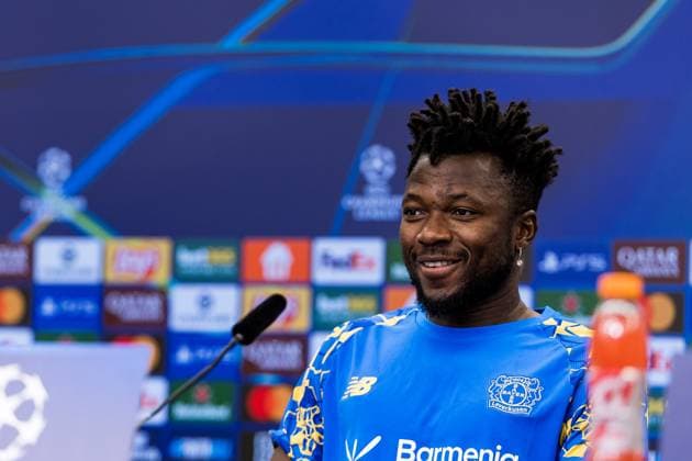 UEFA Champions League: Pressekonferenz Bayer 04 Leverkusen; 30.09.2025 Edmond Tapsoba (Bayer 04 Leverkusen, 12) während der Pressekonferenz UEFA Champions League: Pressekonferenz Bayer 04 Leverkusen, Leverkusen, BayArena am 30.09.2025 Copyright: xBEAUTIFULxSPORTS Wunderlx