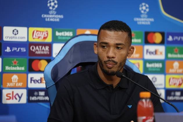 SSC Napoli Training Session And press conference, PK, Pressekonferenz - UEFA Champions League 2025 26 League Phase MD2 Juan Jesus of Napoli attends a press conference ahead of the UEFA Champions League 2025 26 League Phase match at Stadio Maradona in Naples, Italy, on September 30, 2025. Naples Napoli Italy  Copyright: xCiroxDexLucax originalFilename:deluca-sscnapol250930_npqLj.jpg