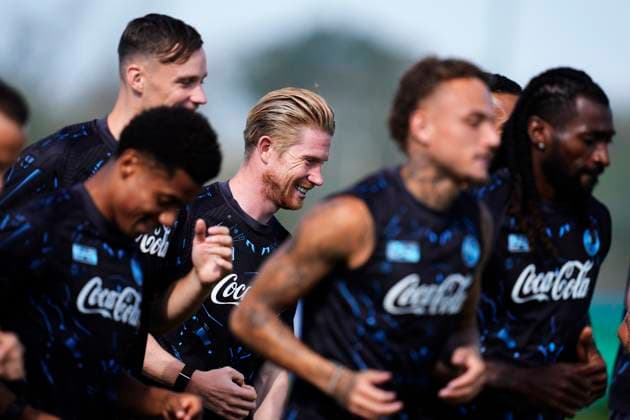 Kevin De Bruyne (SSC Napoli) smiles, UEFA Champions League, SSC Napoli Training Session And press conference, PK, Pressekonferenz SSC Napoli Training Center, September 30, 2025, Naples, Italy.
