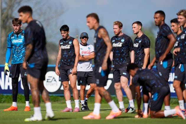 Head Coach Antonio Conte (SSC Napoli) looks on, UEFA Champions League, SSC Napoli Training Session And press conference, PK, Pressekonferenz SSC Napoli Training Center, September 30, 2025, Naples, Italy.