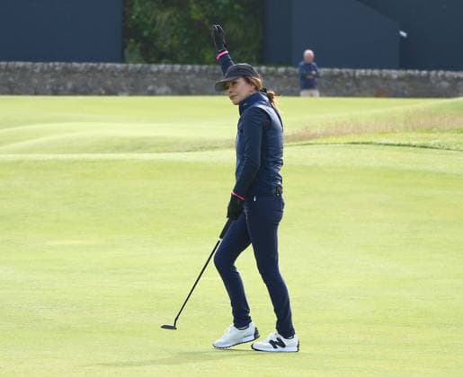 UK: The Alfred Dunhill Links Championship at The Old Course, St Andrews, Scotland on 30 September 2025: Pictured: Actress Catherine Zeta-Jones celebrates sinking a putt on the 1st green during a practice round at the Alfred Dunhill Links Championship 2025 at the Old Course, St Andrews St Andrews The Old Course Scotland Copyright: xAlexxToddx