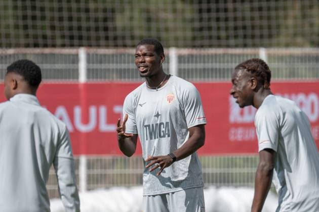 AS Monaco Training - La Turbie Paul Pogba (center) seen during collective team training, day before UEFA Champion s League day 2 match versus Manchester City, in AS Monaco Football Club training center in La Turbie, France, on September 30, 2025. Photo by Laurent Coust ABACAPRESS.COM La Turbie France  Copyright: xCoustxLaurent ABACAx