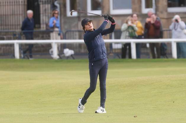 30th September 2025; The Old Course at St Andrews, Fife, Scotland; Alfred Dunhill Links Golf Championship, Practice Round; Actress Catherine Zeta-Jones plays from the fairway on the first hole of the Old Course, St Andrews during a practice round at the Alfred Dunhill Links Championship  DavidxYoung