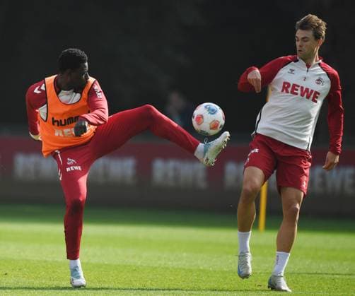 30.09.2025, xophax, Fussball 1.Bundesliga, 1.FC Koeln, 1.FC Köln Training Ragnar Ache links und Joel Schmied , rechts ( beide 1.FC Köln ) Koeln